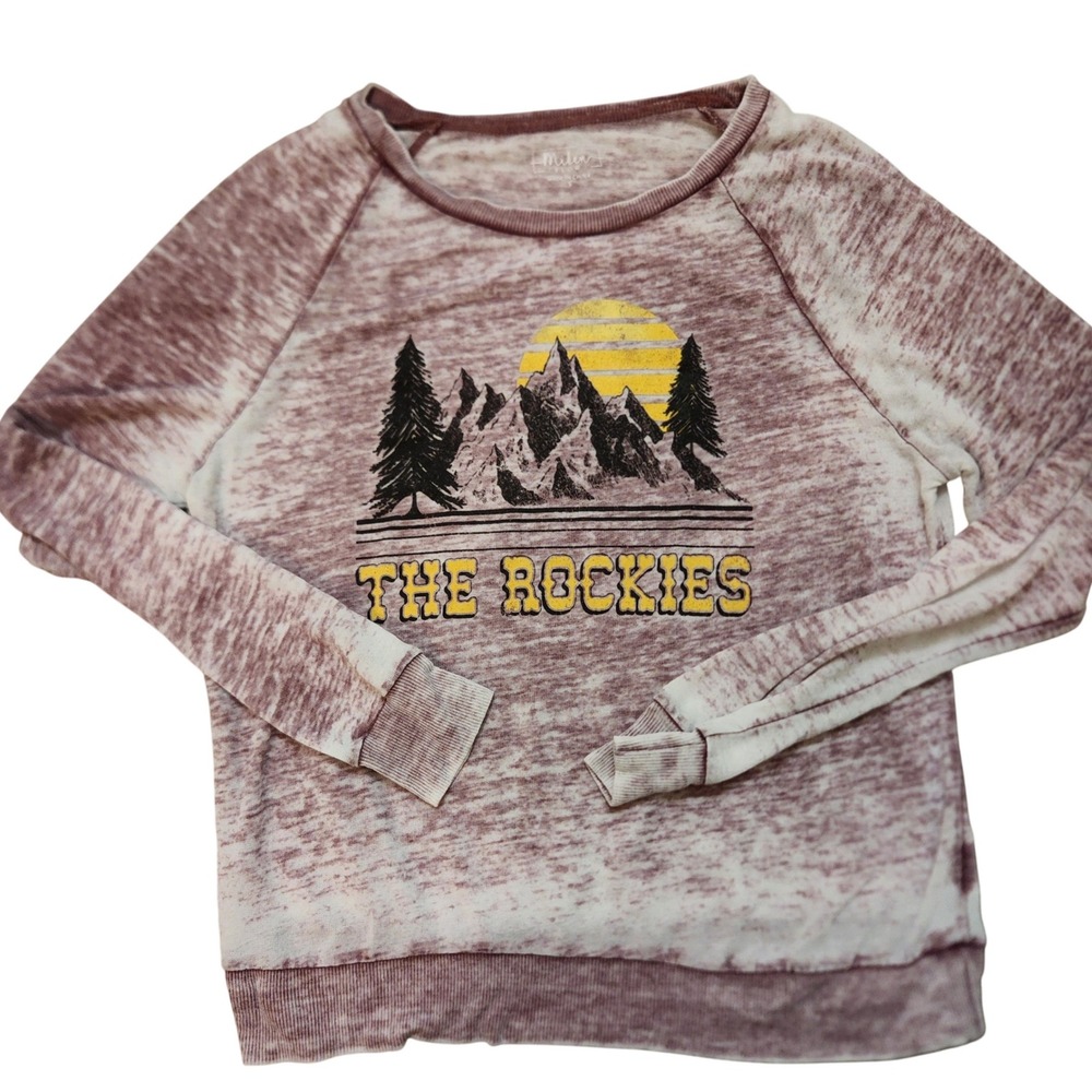Miken Flow The Rockies‎ Mountain Graphic Pullover Top Athleisure Burgundy